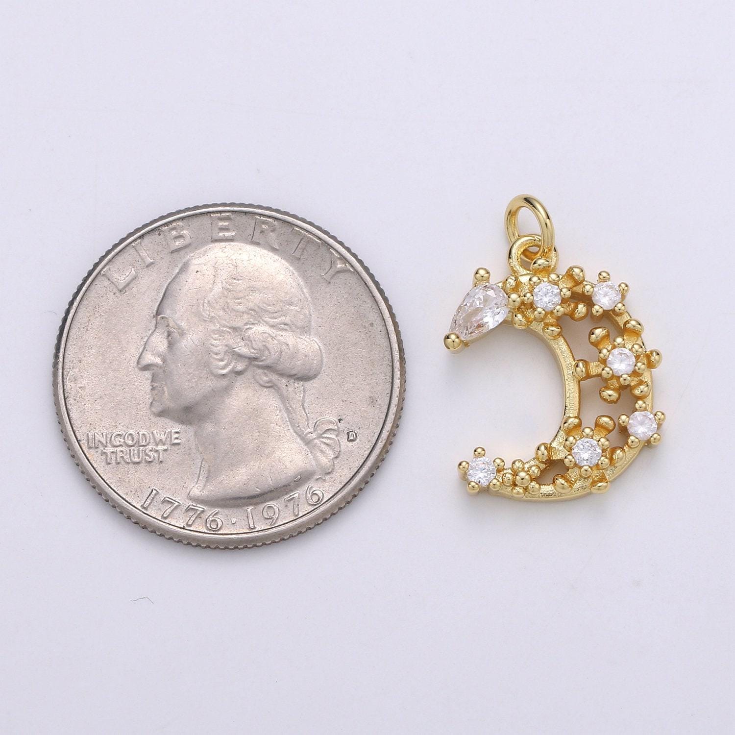 Cherry blossom moon 24k gold micro pave charm, cubic zirconia half moon pendant charm, charm, pears cut charm chgf-1902