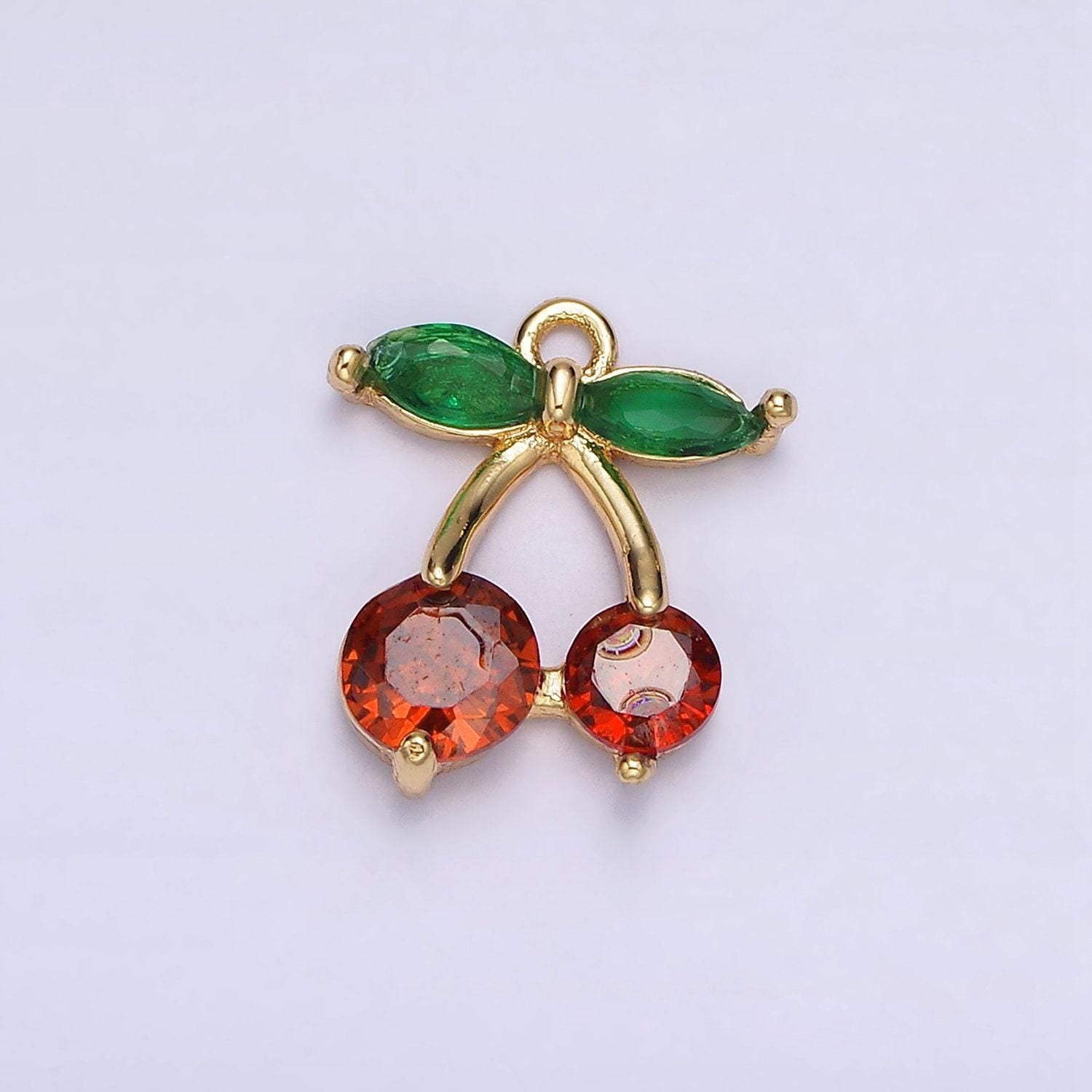 18k gold filled red cherry marquise leaf cz fruit add-on charm | ac1436 ag680