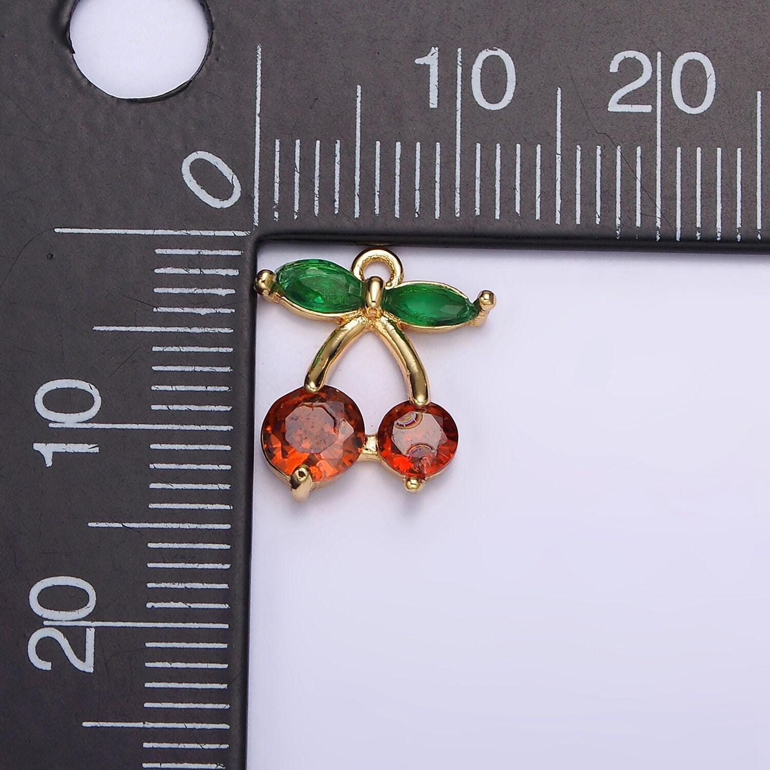 18k gold filled red cherry marquise leaf cz fruit add-on charm | ac1436 ag680