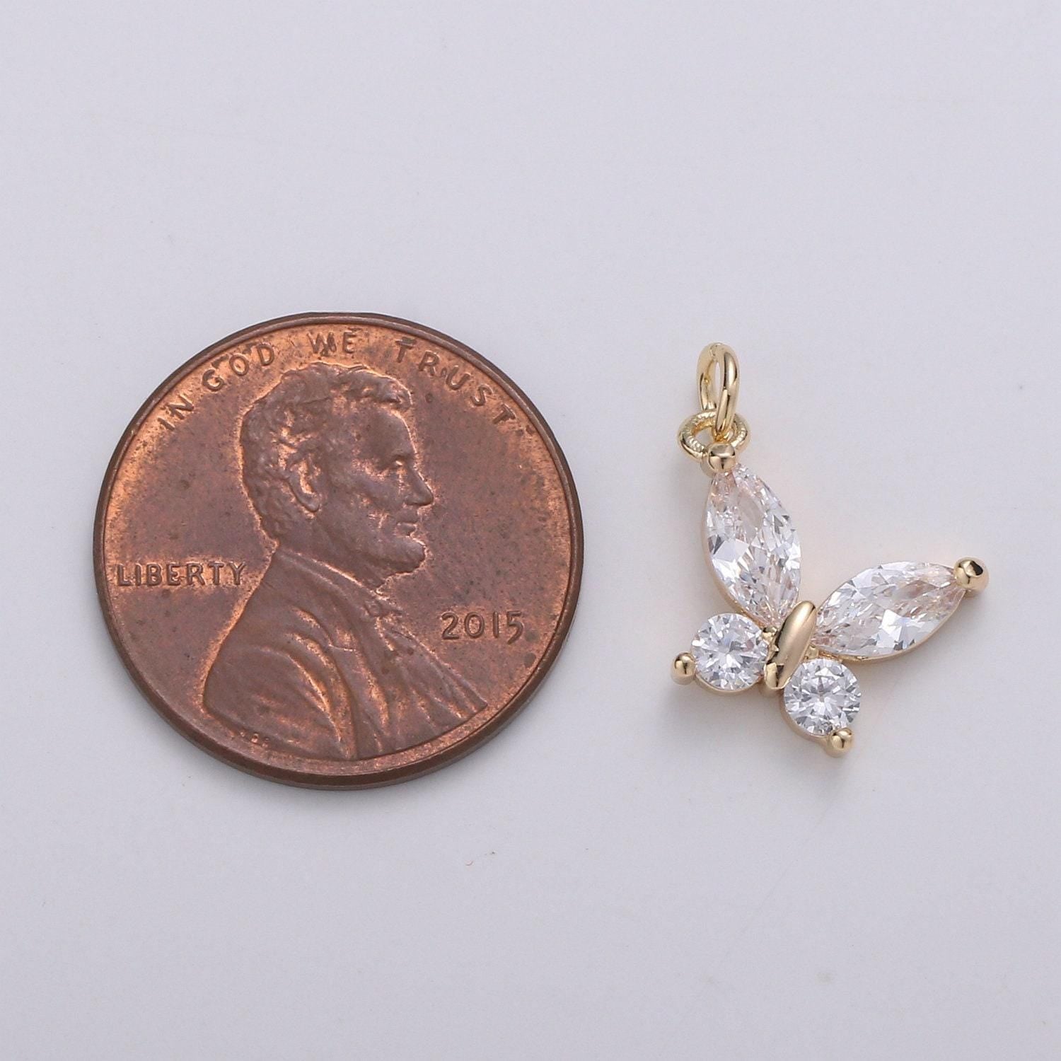 24k gold pear cut cz butterfly charm, cubic zirconia mariposa pendant charm, dainty gold charm, for diy jewelry, 1805, 1412