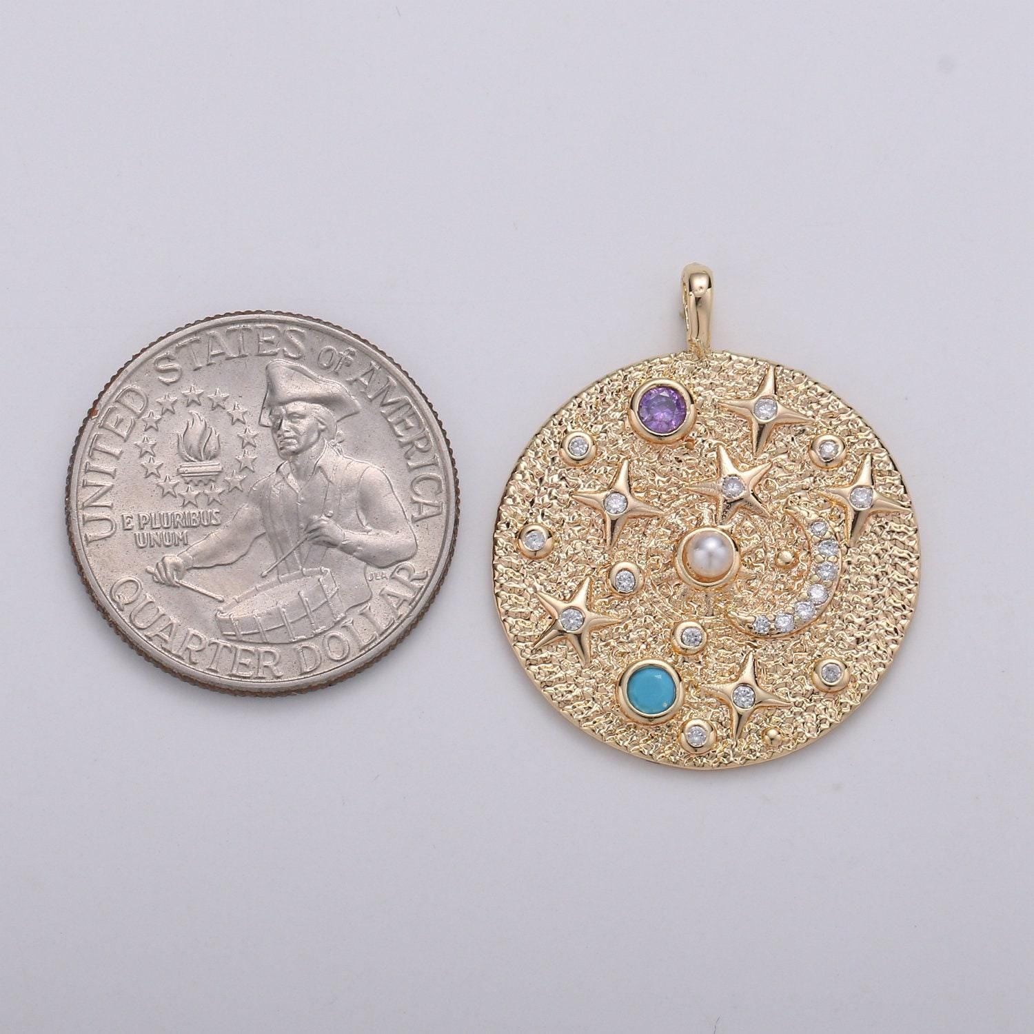 Pearl and multi color cz planet in the universe round pendant 14k gold charm, star, galaxy, diy jewelry necklace making d-737