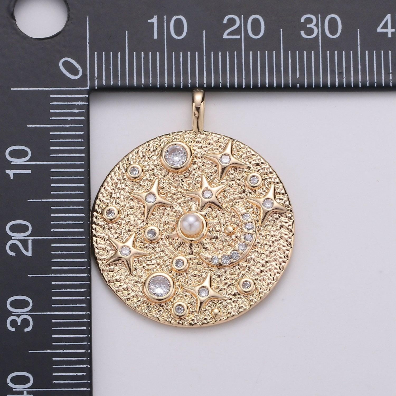 Pearl and micro pave cz planet in the universe round pendant 14k gold charm,star,cresent moon,galaxy,diy jewelry necklace making,1766,d-736