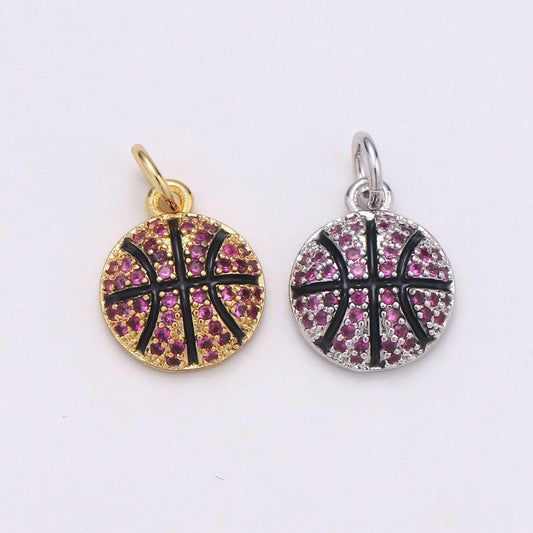 Basket ball pendant enamel small charm for handmade jewelry supplies 24k gold red micro pave cubic ball charm sticth ball,d727-d728