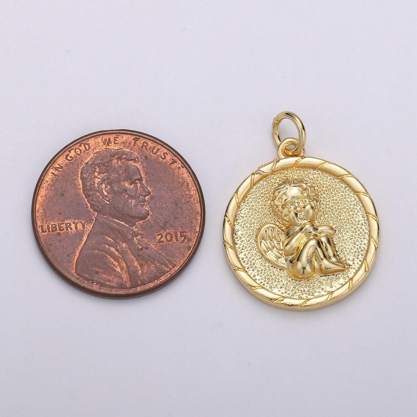 Gold cherub pendant - little angel- necklace charm - coin disc charm- gift for daughter- jewelry findings - charm for necklace d-718
