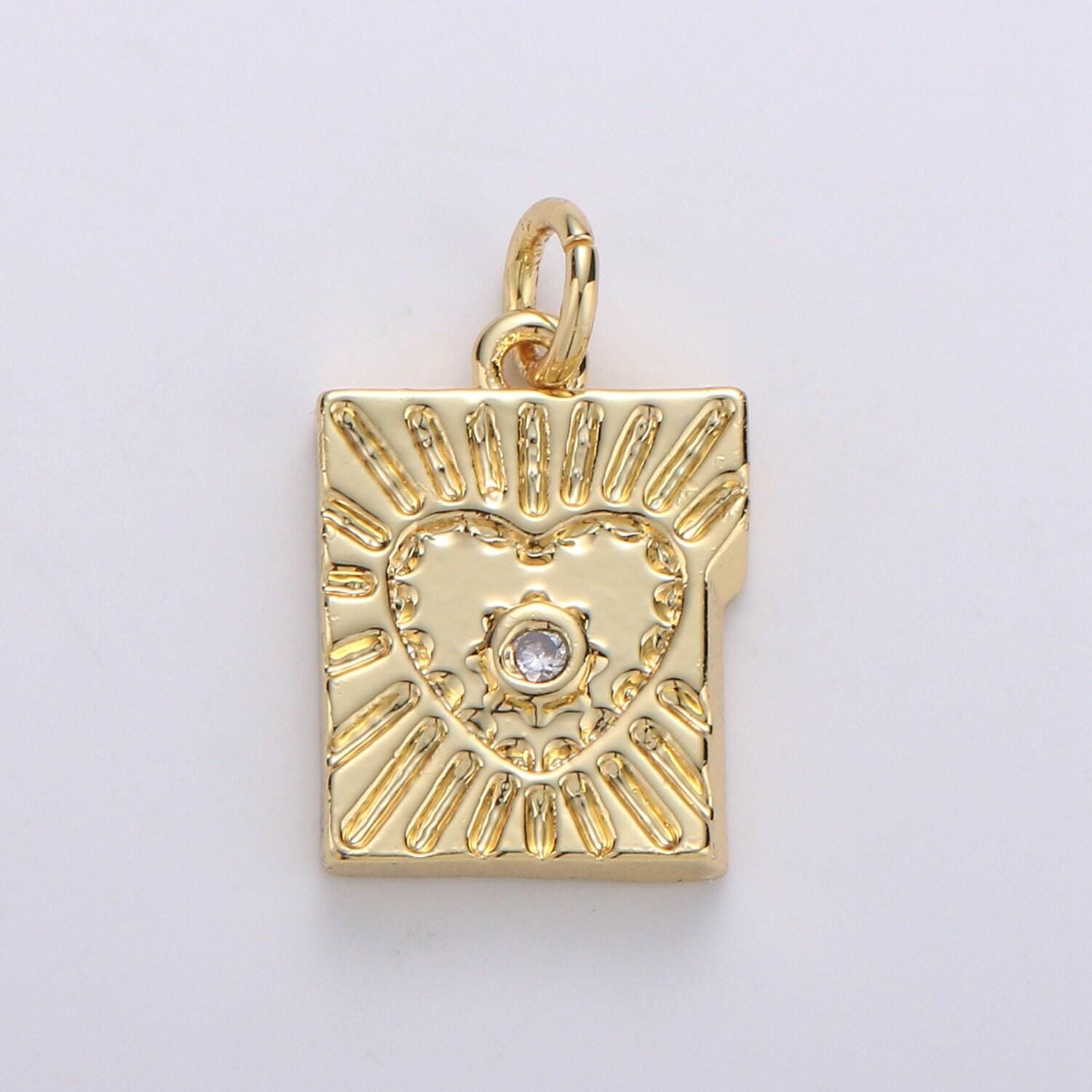 14k gold charm mini heart charm tablet heart sun ray pendant for necklace bracelet earring.