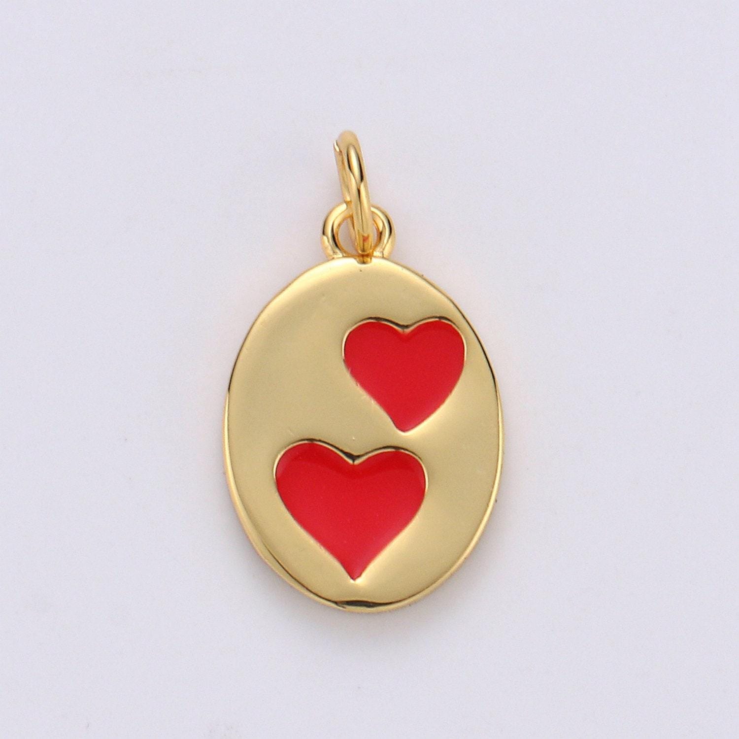Oval red heart charm - dainty gold double heart add on charm - dainty heart - love inspired gold heart pendant couple jewelry
