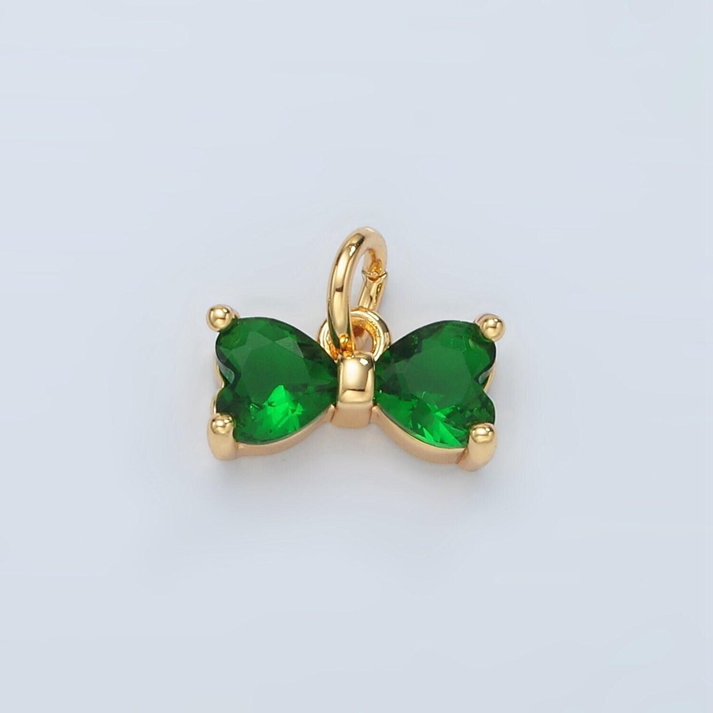 Mini gold green bow pendant, 14k gold filled green cz hearts charm lucky pendant jewelry making supply | d707