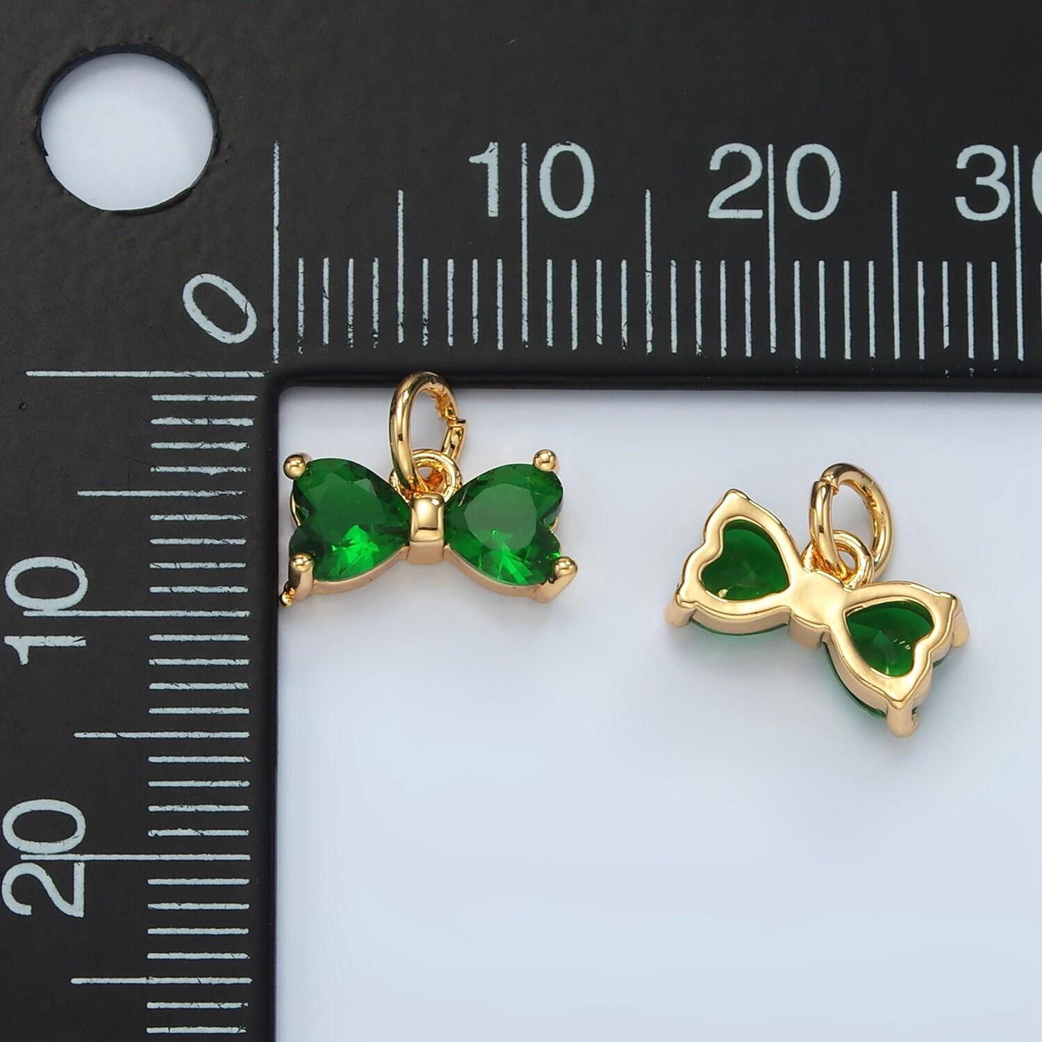 Mini gold green bow pendant, 14k gold filled green cz hearts charm lucky pendant jewelry making supply | d707