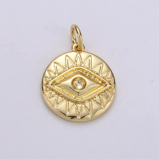 24k gold evil eye round circle charm medallion coin round , eye of ra charm for necklace, chgf 1716