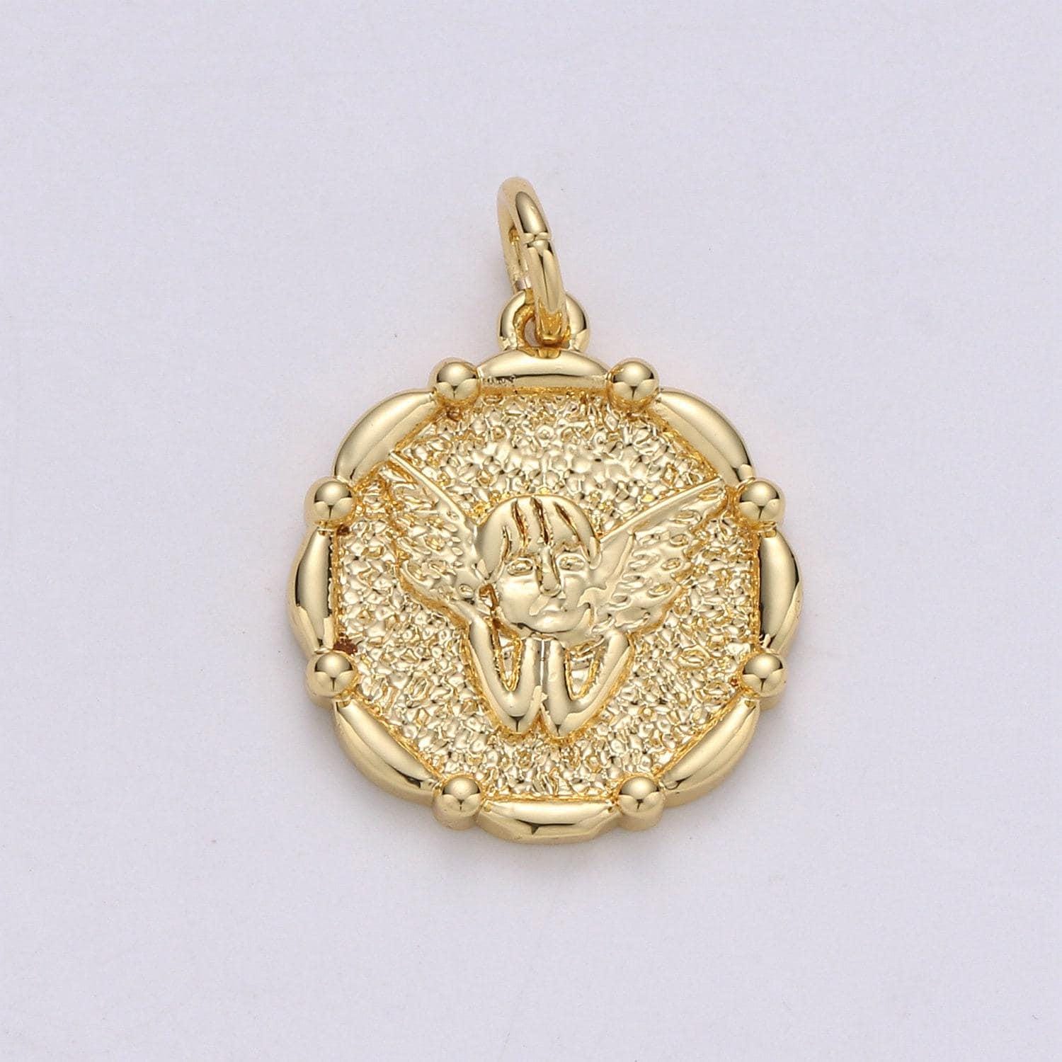 1pc 14k gold angel pendant charm, cherub pendant charm, medallion charm round disc coin charm for diy jewelry, d676