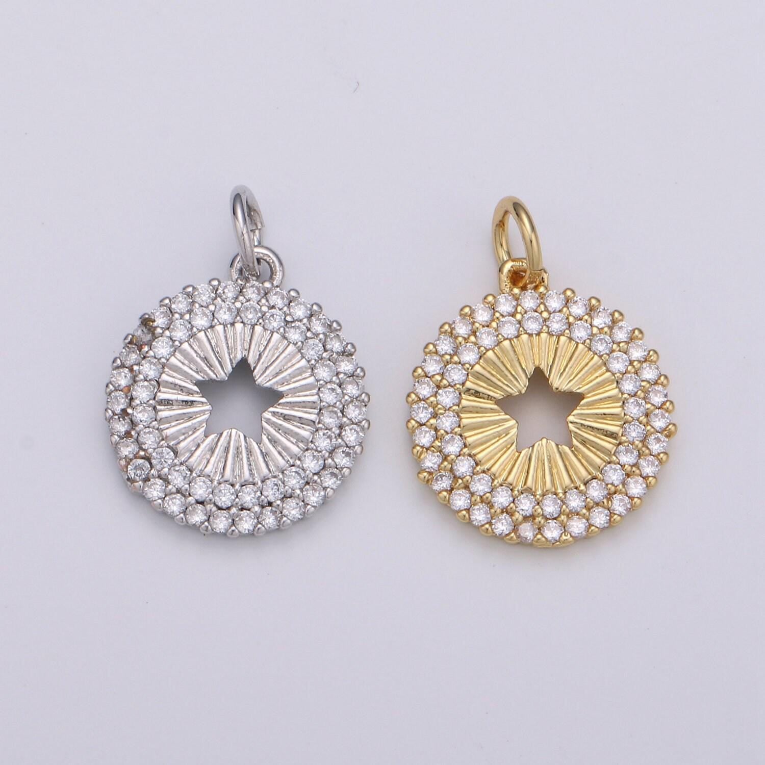 14mm 24k gold and silver round star charm - round star charm, micro pave star charm, twinkle star charm, 24k gold charm