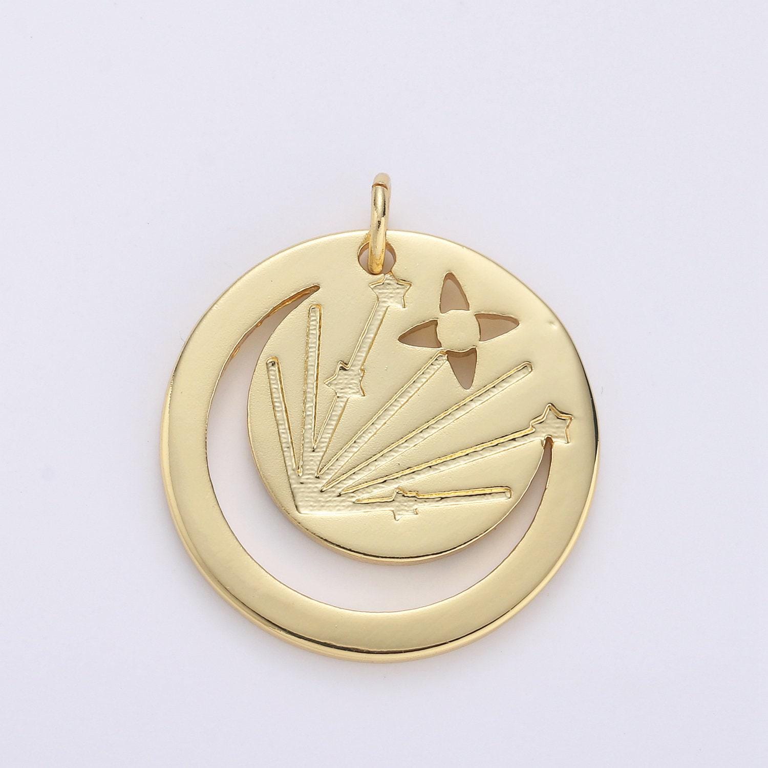 Gold open crescent moon charm- gold moon charm, gold half moon charm, round disc gold moon pendant for necklace bracelet earring