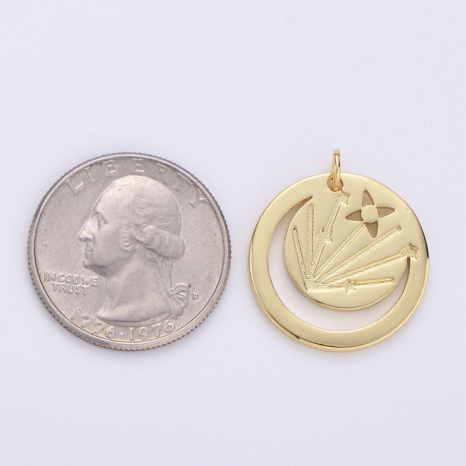 Gold open crescent moon charm- gold moon charm, gold half moon charm, round disc gold moon pendant for necklace bracelet earring