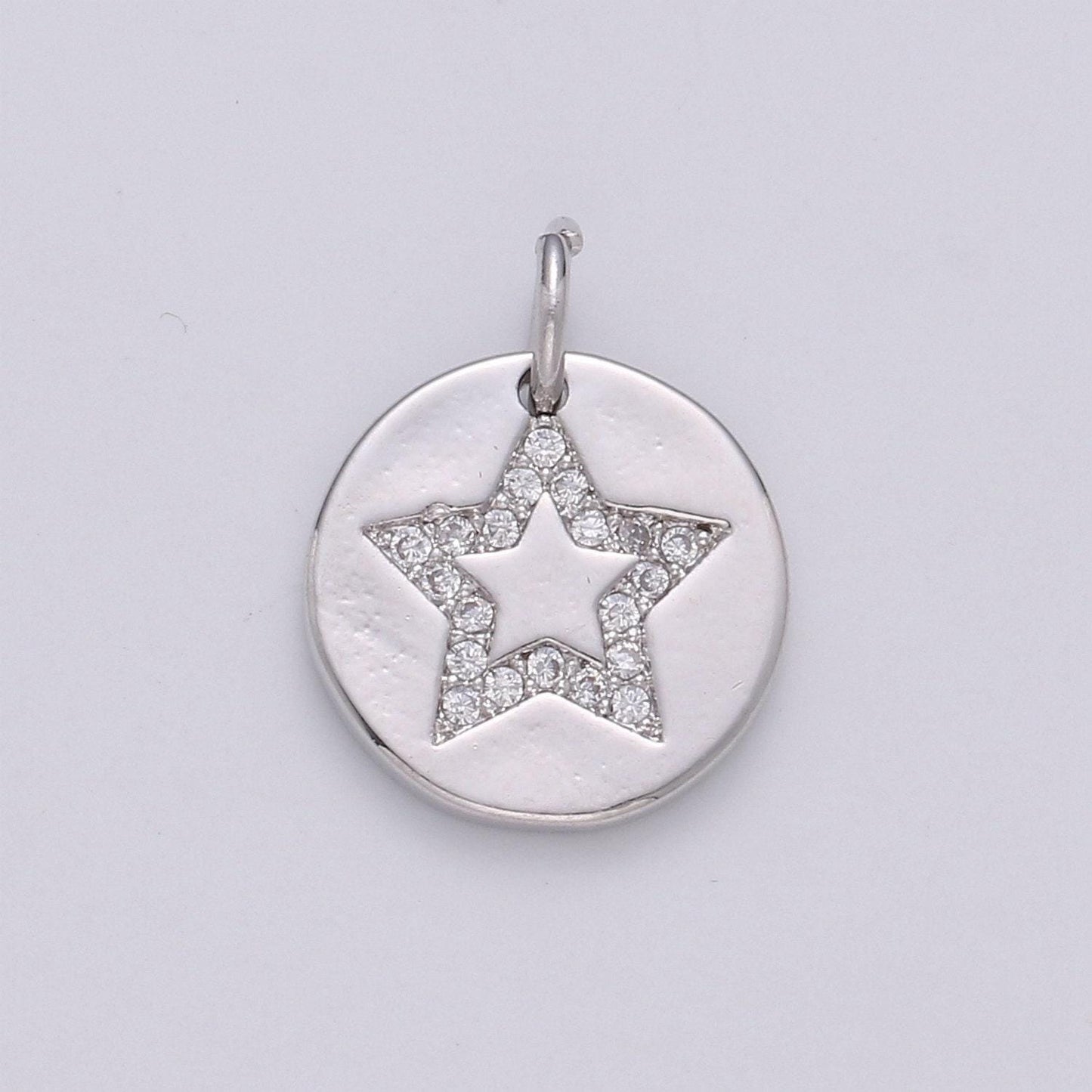 10mm round coin charm - round star charm, micro pave star charm, twinkle star charm, 24k gold charm chgf-1498, 1499