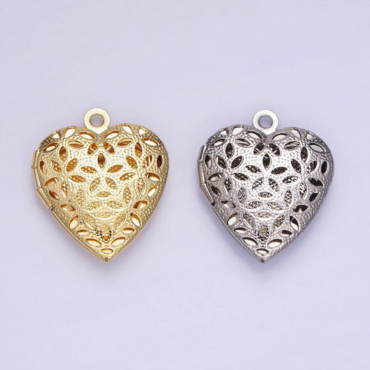14k gold filled open floral flower locket pendant in gold & silver | d399