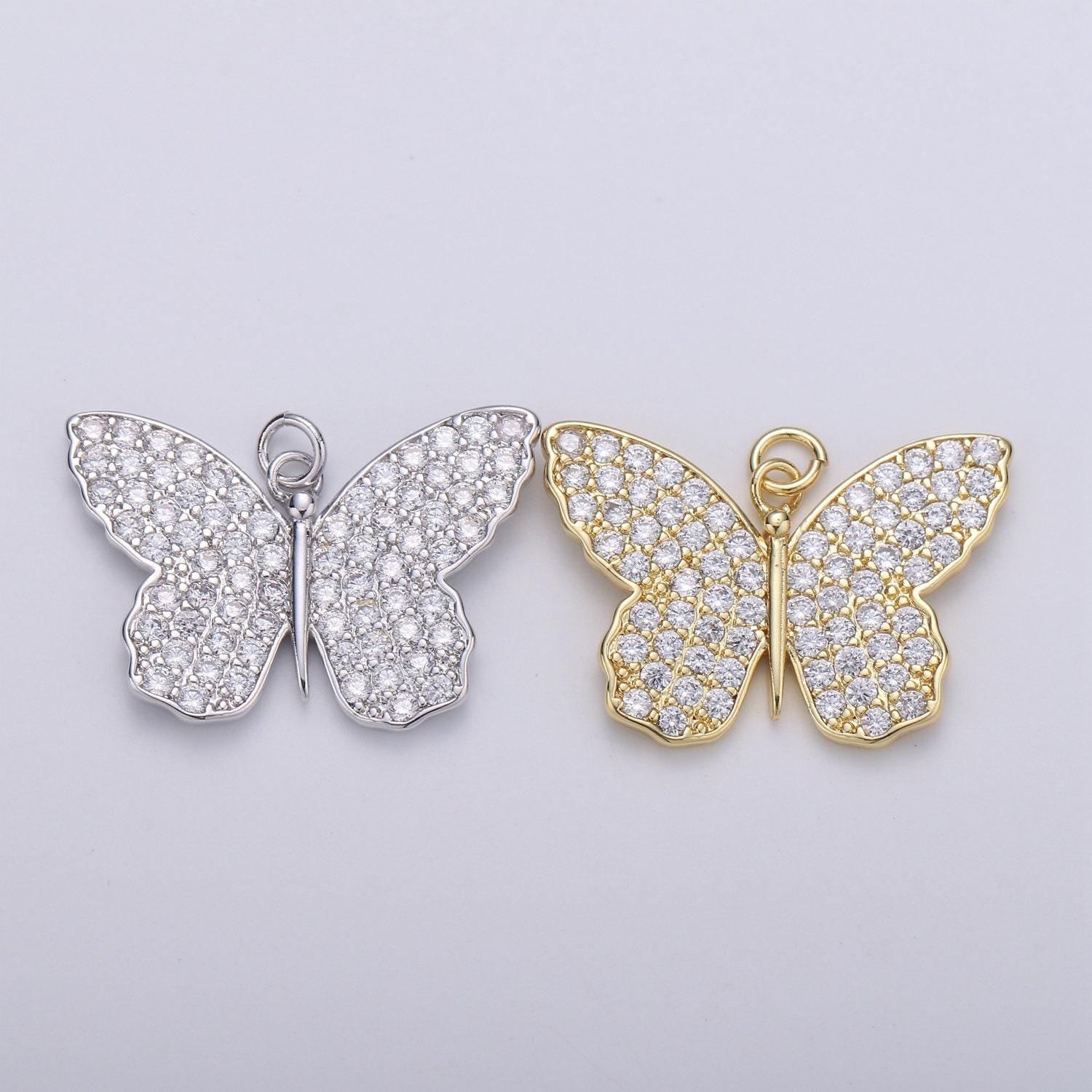 14k gold butterfly charm cz micro pave, butterfly pendant, butterfly bracelet, cubic zirconia charm silver mariposa charm, d387,d388