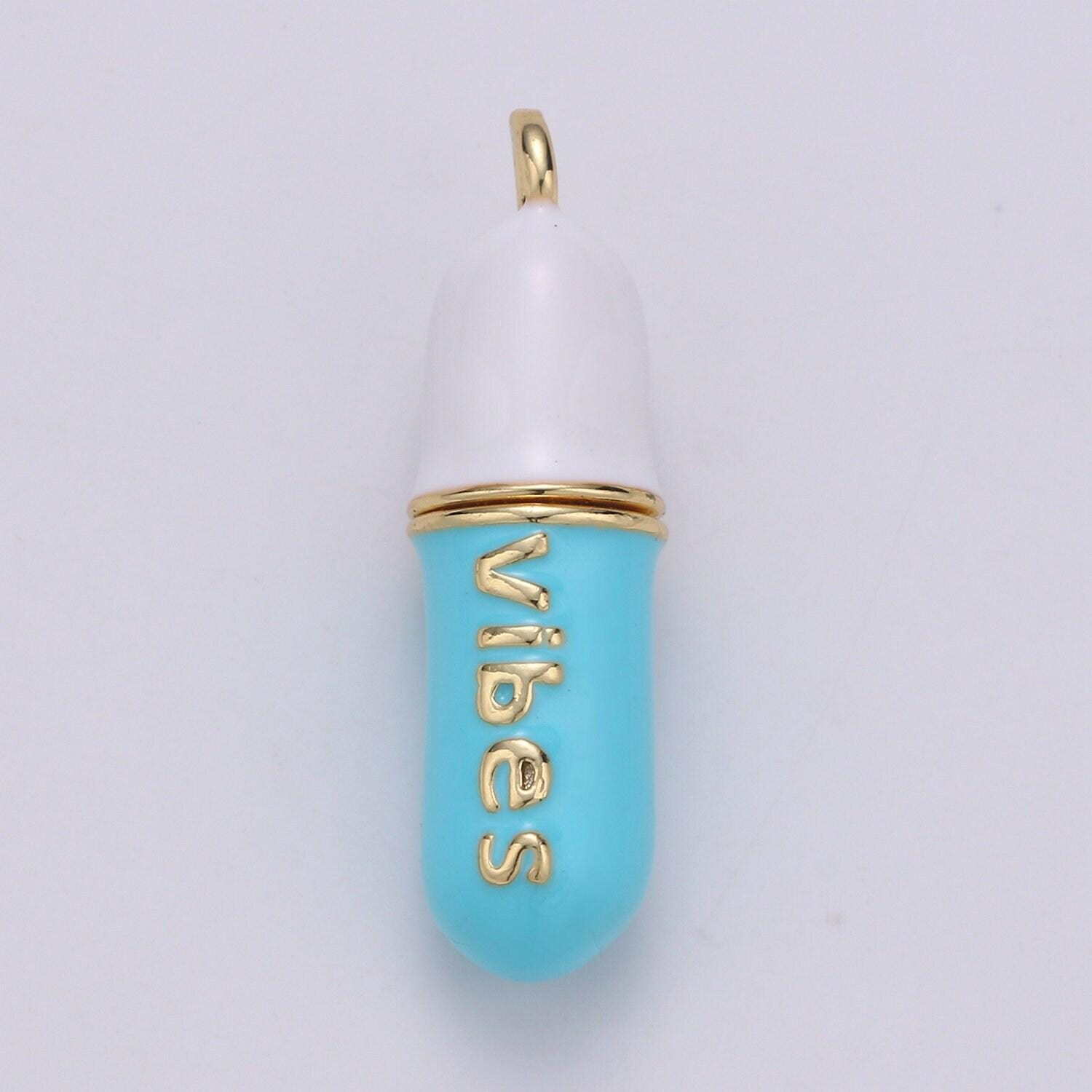 Dainty gold pill bar pendant enamel teal vibes chill charm 24k gold filed pendant 29x8mm for bracelet necklace earring component supply