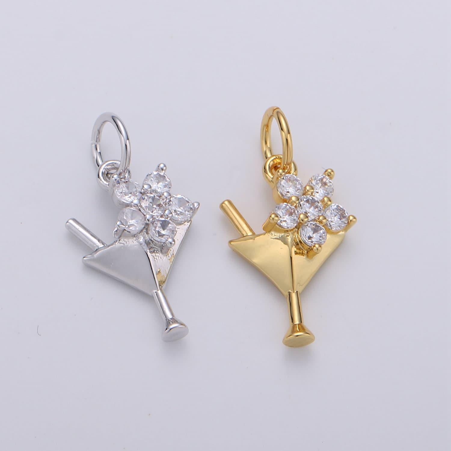 1x gold cz martini charm with cz charm, cubic gold drink glass with micro pave pendant, silver bar wine charm pendant in 24k gold