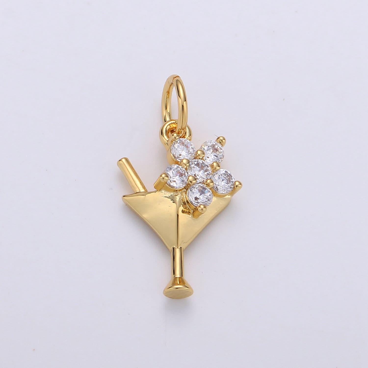 1x gold cz martini charm with cz charm, cubic gold drink glass with micro pave pendant, silver bar wine charm pendant in 24k gold