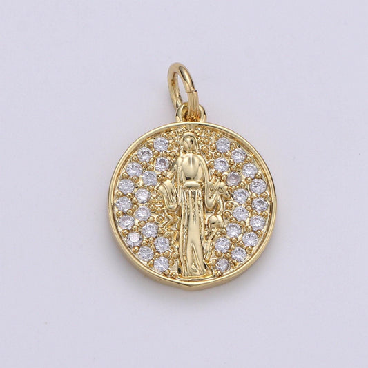14k gf virgin mary gold coin necklace, religious coin pendant necklace, micro pave cubic catholic gold coin jewelry for necklace bracelet