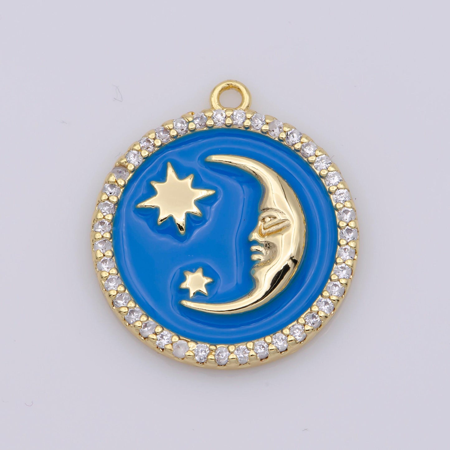 Tiny celestial charm white blue enamel moon and star charms with micro pave con base moon charms jewelry supplies