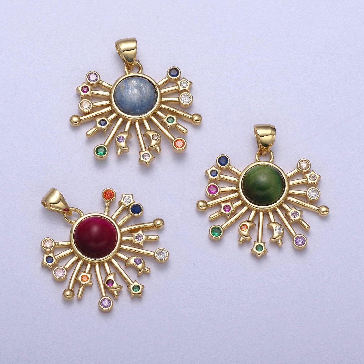 14k gold fill sun charm color cz sunburst pendant sunbeam charm sunshine solar boho bohemian jewelry h-111 / h-112 / h-113