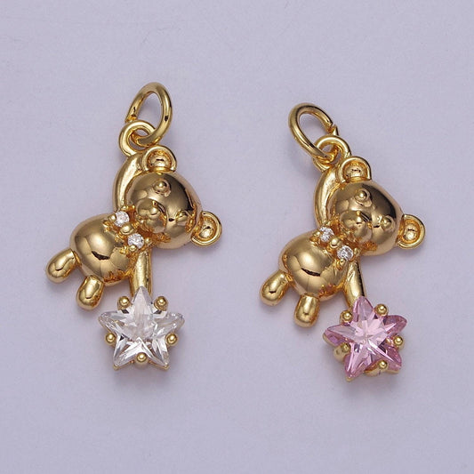 Cute teddy bear charm gold cubic star charm clear pink star charms kawaii jewelry pendants necklace bracelet charm c-874