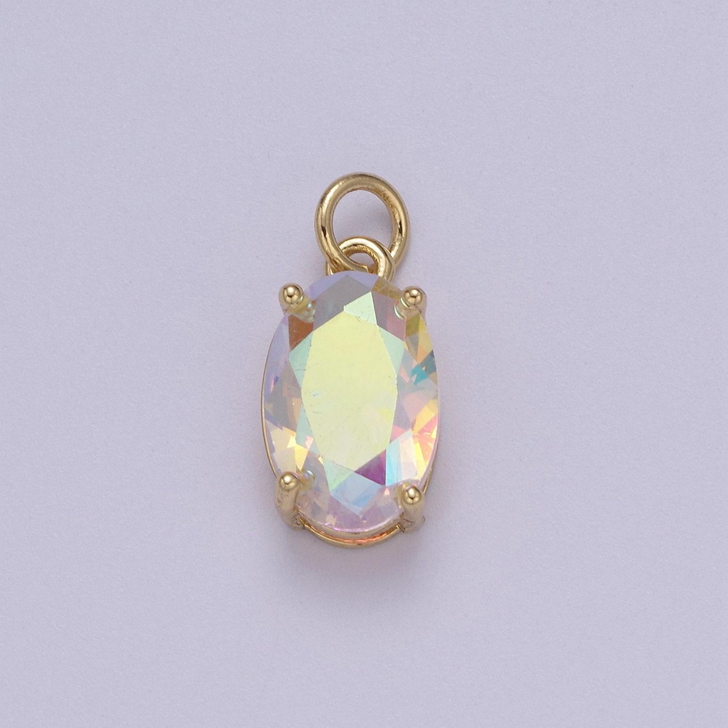 Dainty cubic ab, yellow, blue, teal, green, pink, red 24k gold filled oval cut geometric cz stone pendant birthstone add on charm