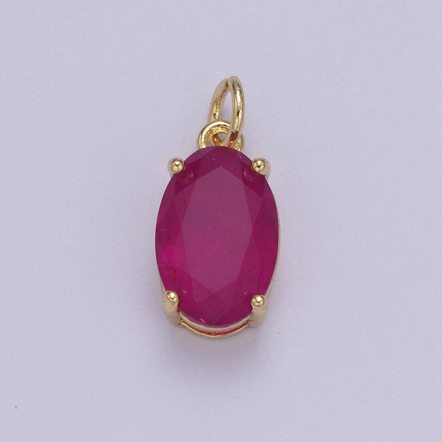 Dainty cubic ab, yellow, blue, teal, green, pink, red 24k gold filled oval cut geometric cz stone pendant birthstone add on charm