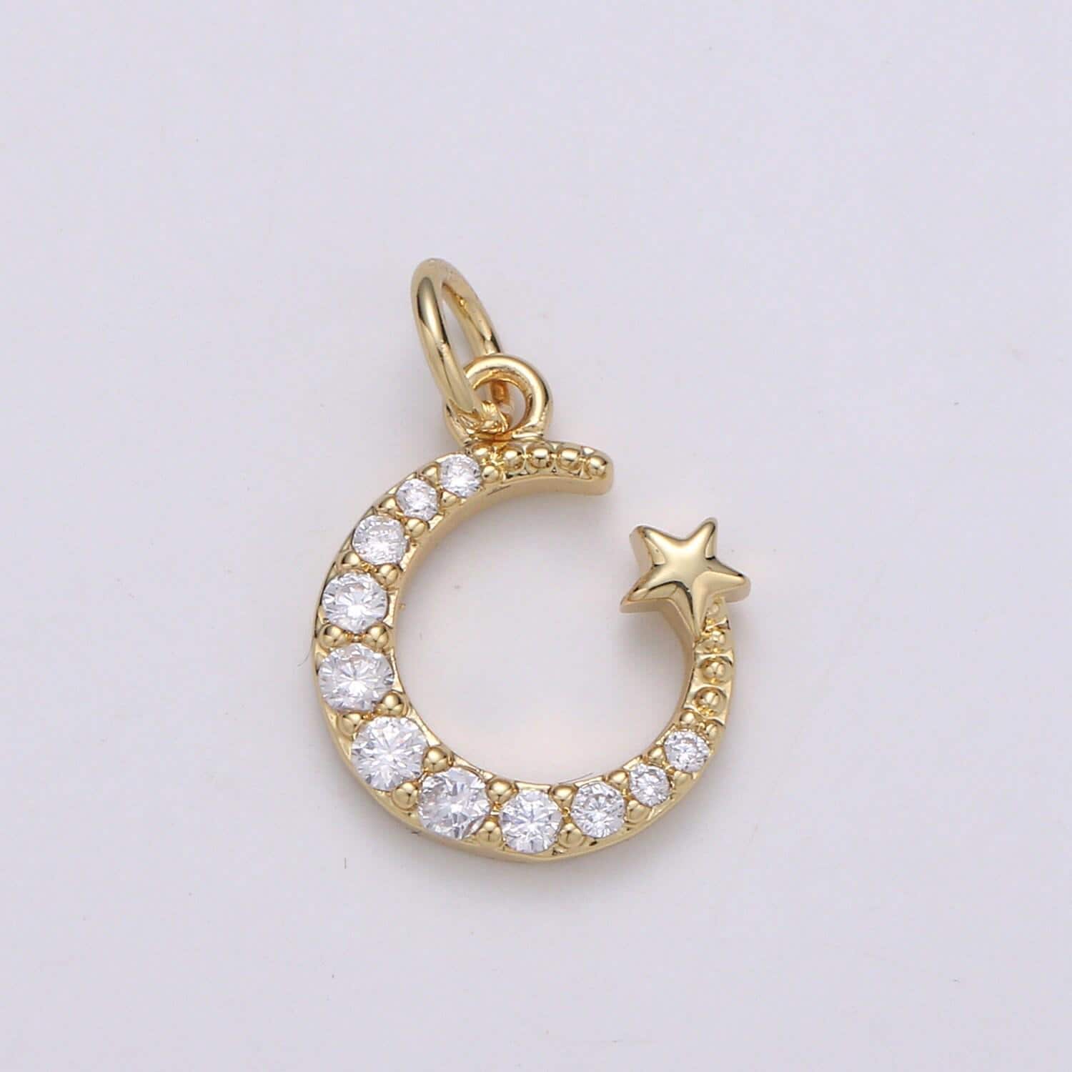 Tiny 14k gold micro pave moon charm, cubic zirconia moon star pendant charm, celestial charm necklace earring bracelet diy jewelry