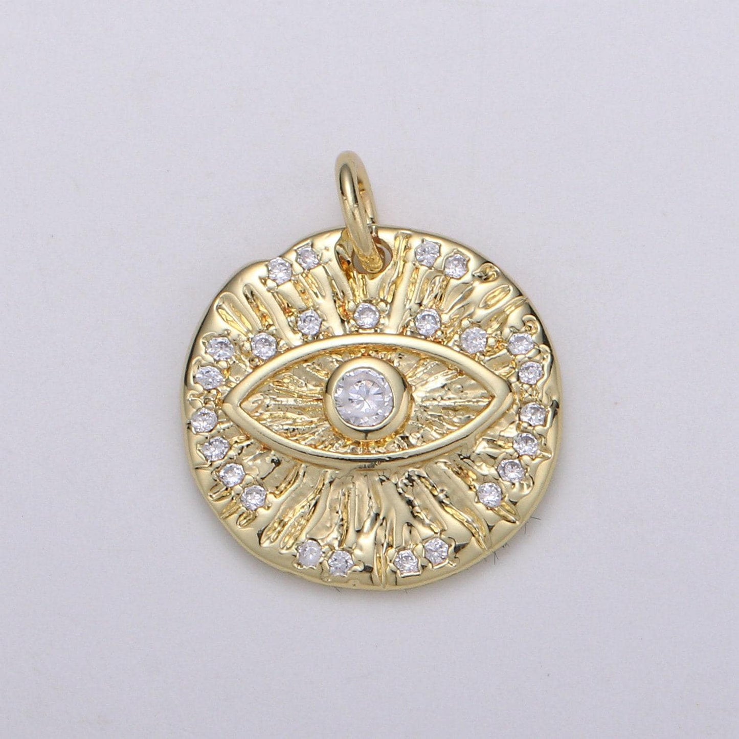 Micro pave evil eye charm, gold medallion with cubic pendant, dainty evil eye charm, bohemian jewelry amulet protection necklace supply, 893