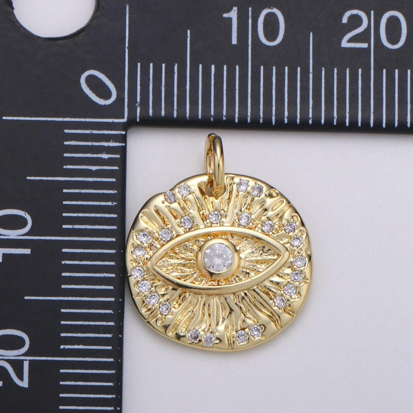 Micro pave evil eye charm, gold medallion with cubic pendant, dainty evil eye charm, bohemian jewelry amulet protection necklace supply, 893