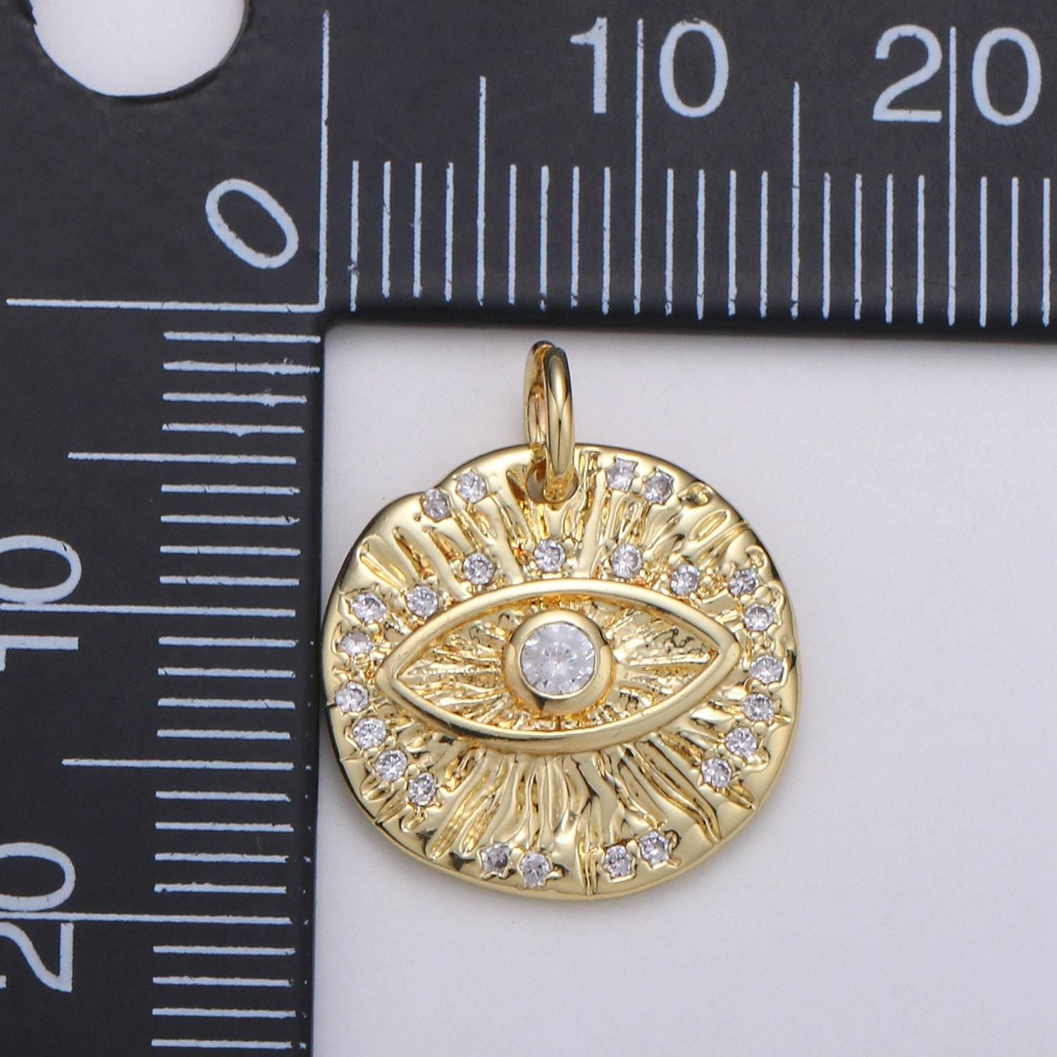 Micro pave evil eye charm, gold medallion with cubic pendant, dainty evil eye charm, bohemian jewelry amulet protection necklace supply, 893