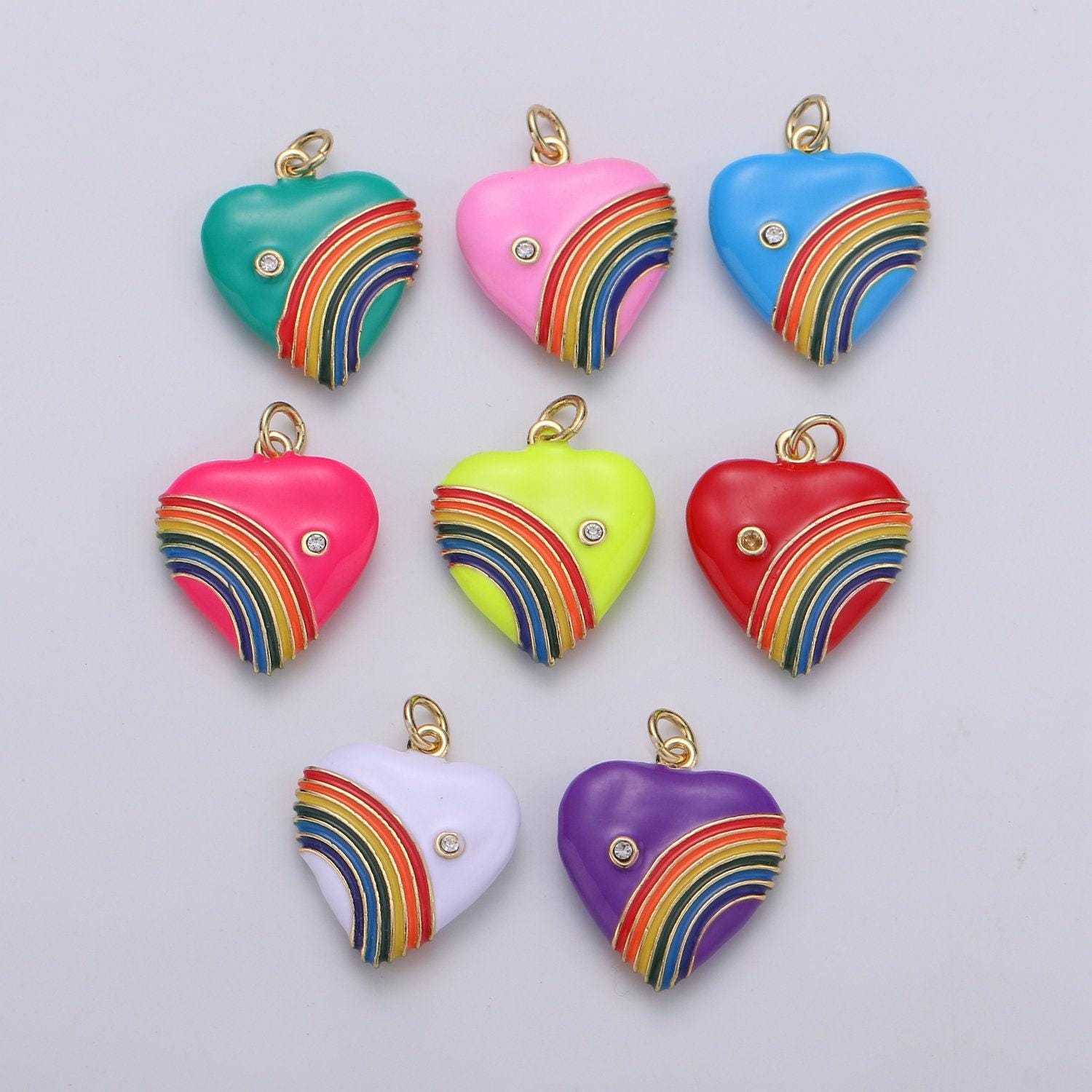 Rainbow heart charms, enamel red pink purple red love cubic zirconia crystal, retro 1980's style charm old school heart pendant y2k jewelry
