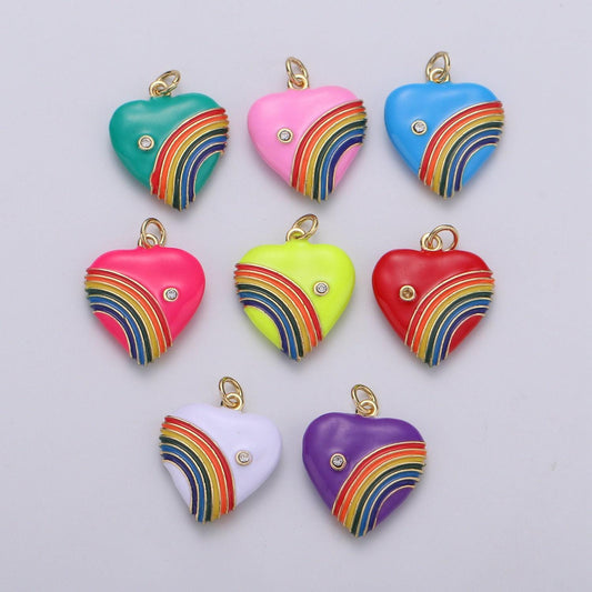 Rainbow heart charms, enamel red pink purple red love cubic zirconia crystal, retro 1980's style charm old school heart pendant y2k jewelry