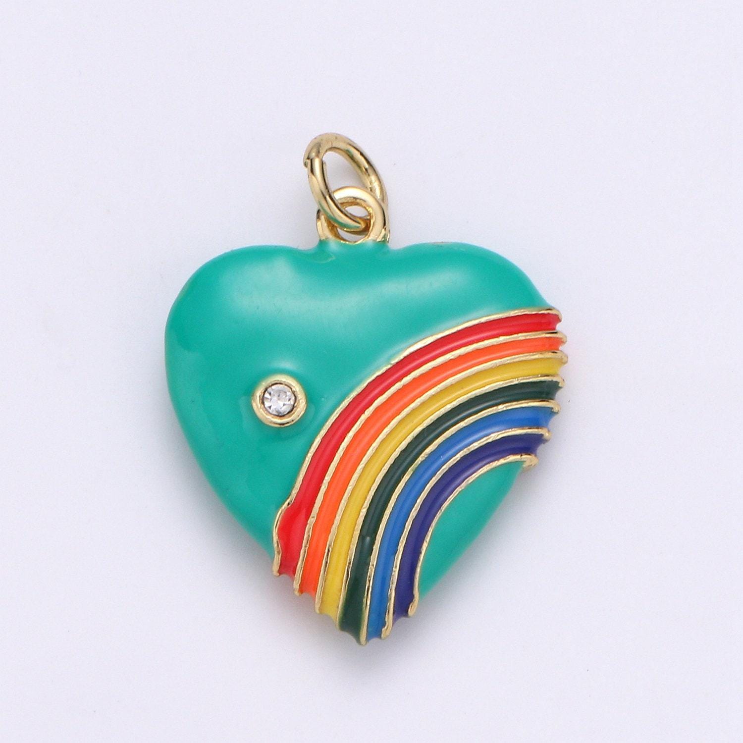 Rainbow heart charms, enamel red pink purple red love cubic zirconia crystal, retro 1980's style charm old school heart pendant y2k jewelry