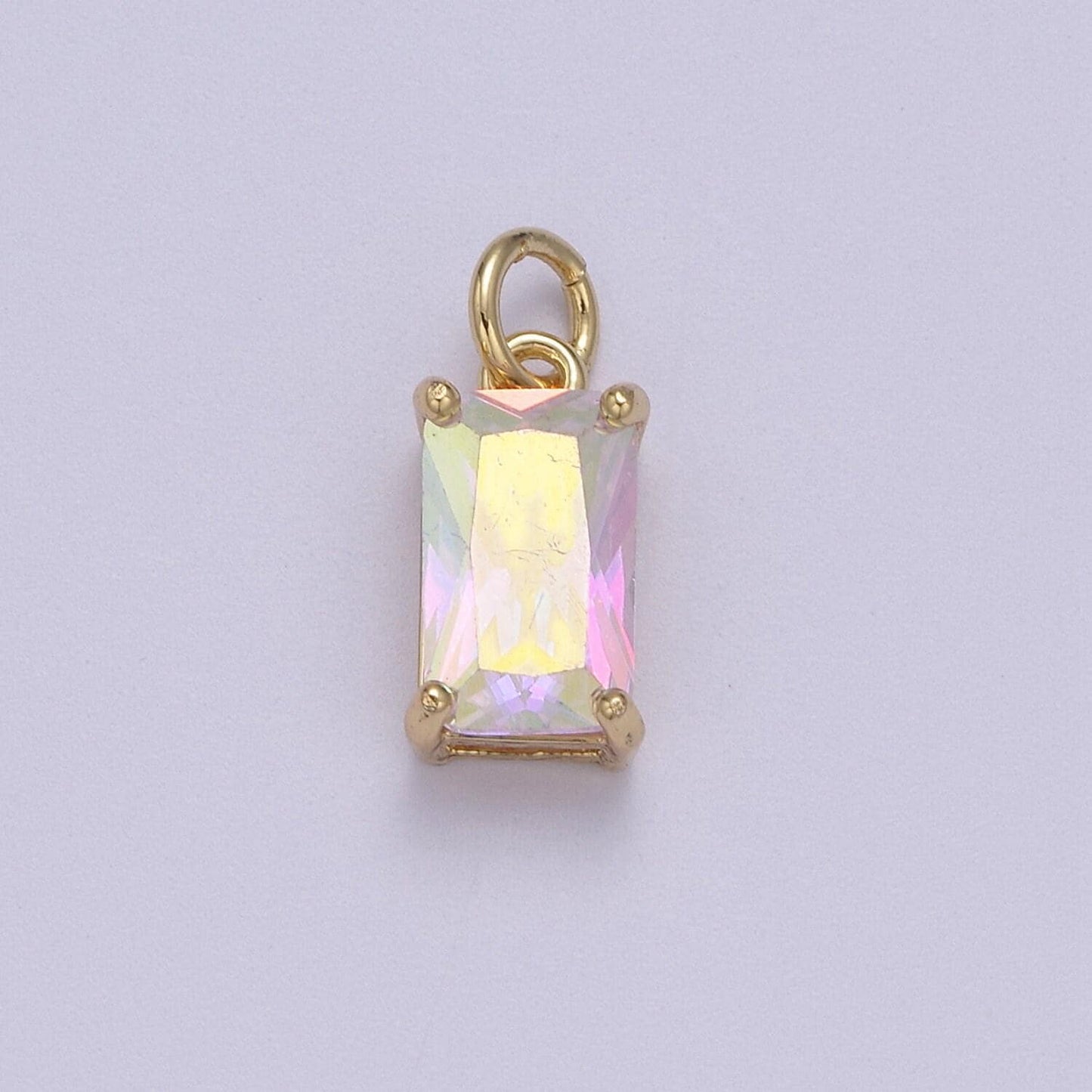 Dainty cubic ab, yellow, blue, teal, green, pink red 24k gold filled solitaire cz pendant rectangle emerald diamond cut cz stone birthstone