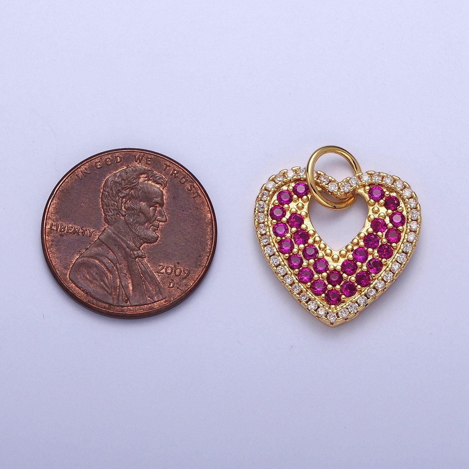 Dainty heart pendant, hollow heart center micro pave magenta clear cubic zirconia cz love charms for bracelet necklace supply | c-769
