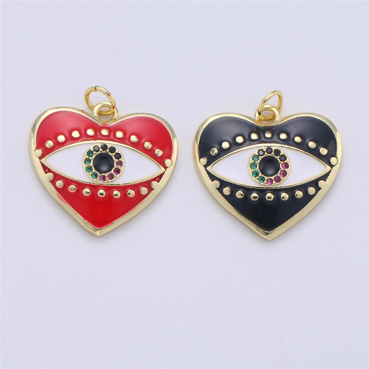 Black heart enamel evil eye charm, red eye of ra pendant, enamel eye pendant, amulet protection eye charm love medallion pendant