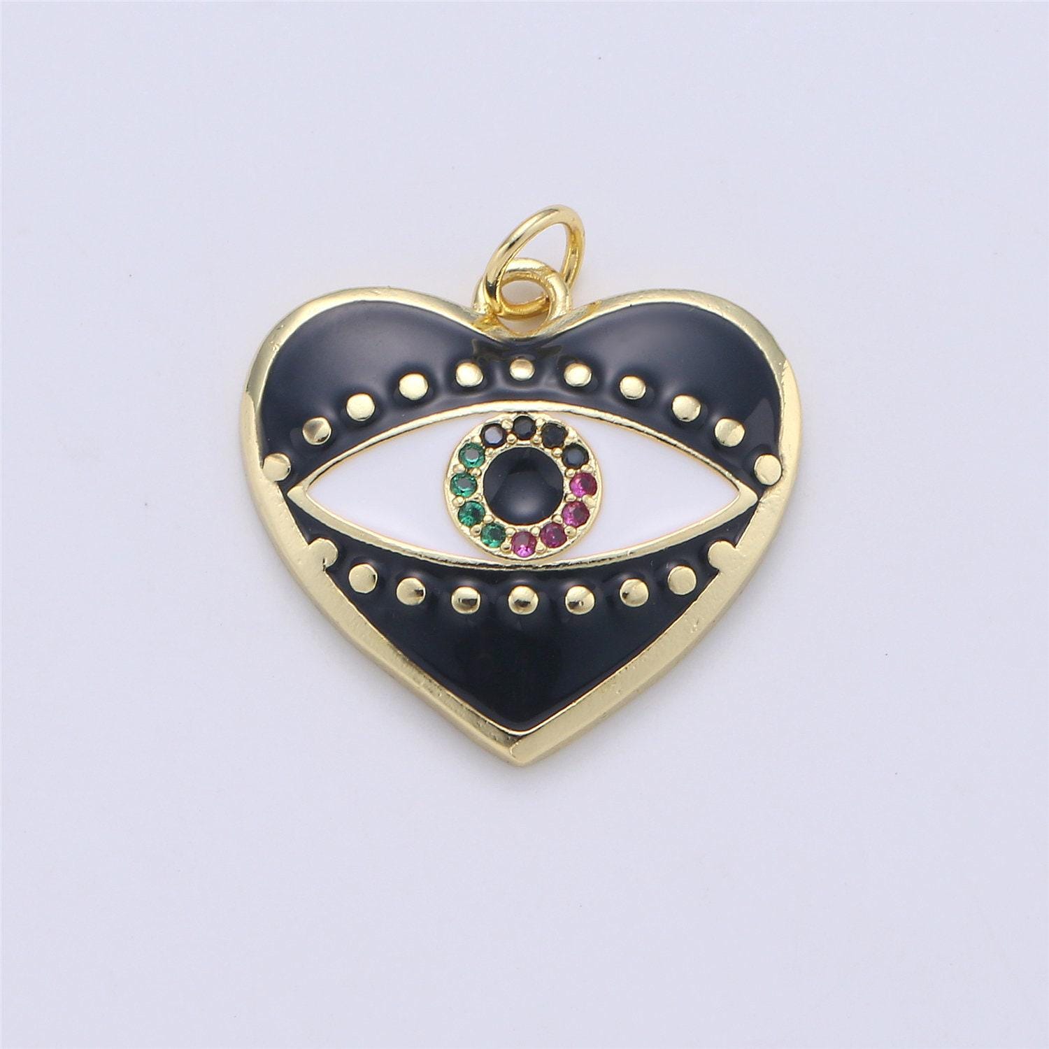 Black heart enamel evil eye charm, red eye of ra pendant, enamel eye pendant, amulet protection eye charm love medallion pendant