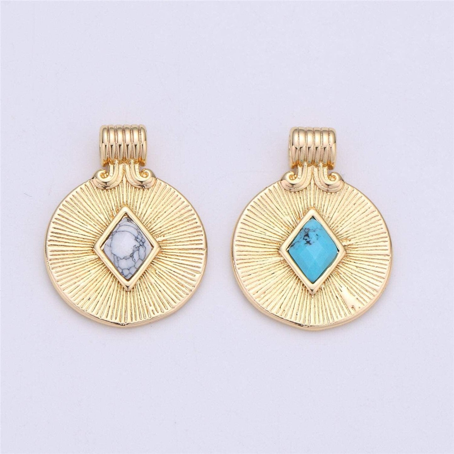 Gold filled rhombus howlite turquoise stone round disc charm necklace medallion pendant component supply wholesale bulk