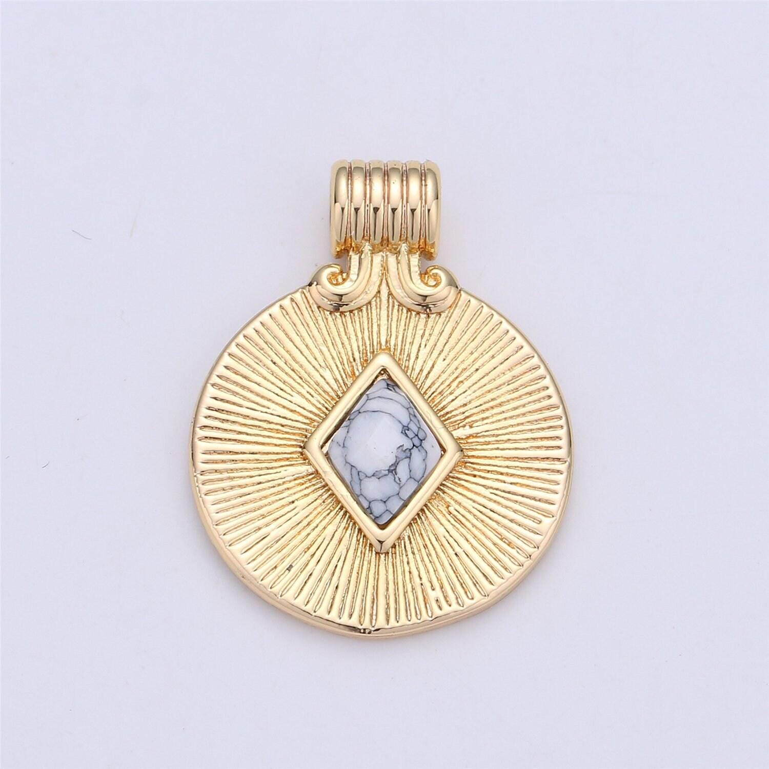 Gold filled rhombus howlite turquoise stone round disc charm necklace medallion pendant component supply wholesale bulk