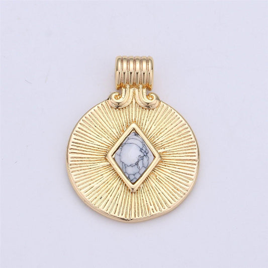 Gold filled rhombus howlite turquoise stone round disc charm necklace medallion pendant component supply wholesale bulk