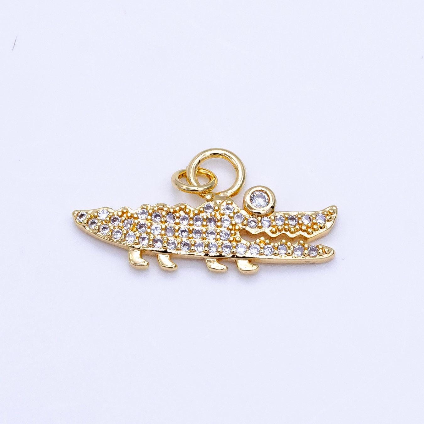 14k gold filled alligator crocodile green gator charm animal micro paved cz charm | c648