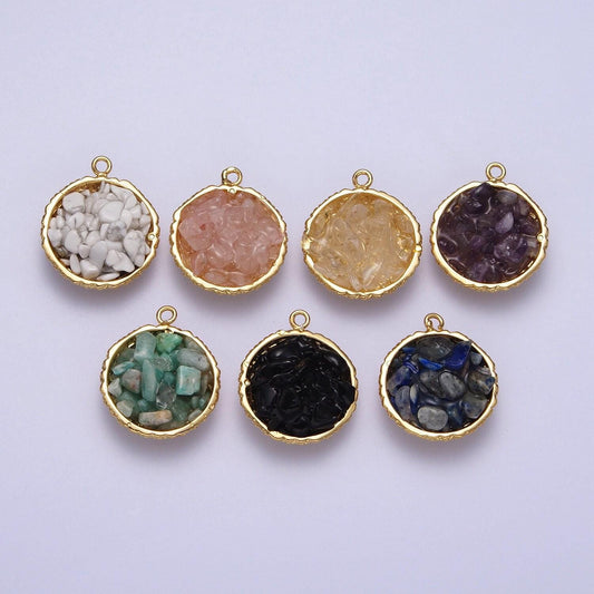 Mini disc with tumbled howlite, pink quartz, blue lapiz, onyx, amazonite chips gemstone charm wholesale bulk for necklace bracelet c328