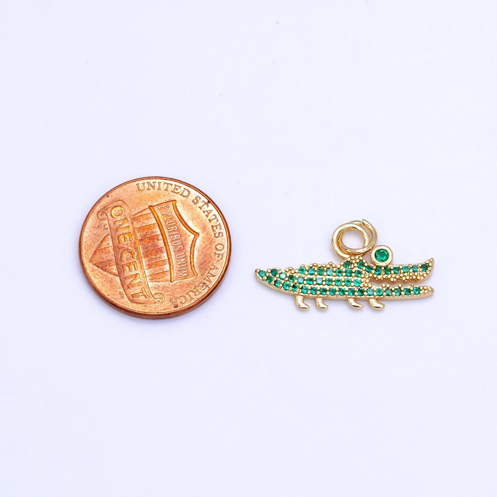 14k gold filled alligator crocodile green gator charm animal micro paved cz charm | c648
