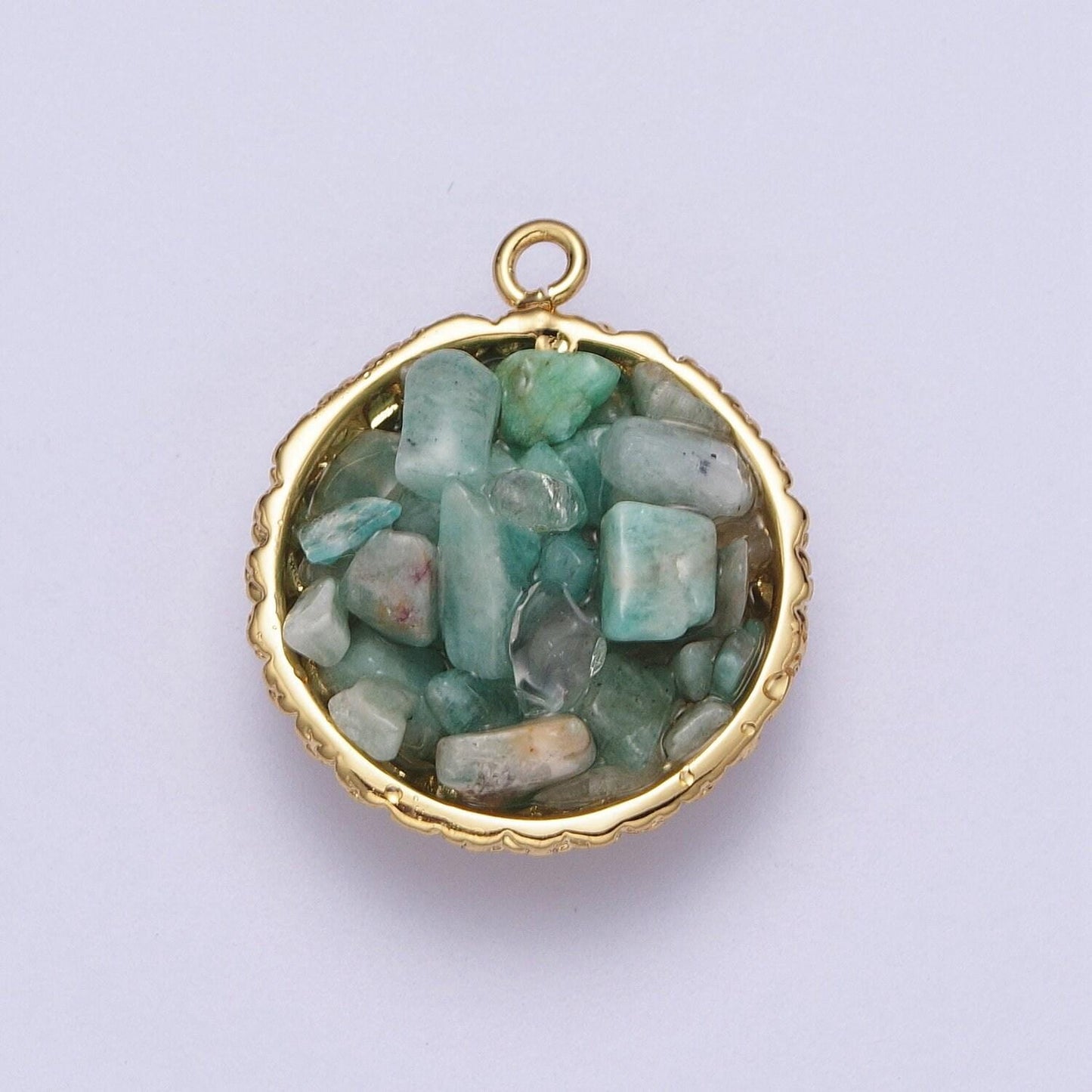 Mini disc with tumbled howlite, pink quartz, blue lapiz, onyx, amazonite chips gemstone charm wholesale bulk for necklace bracelet c328