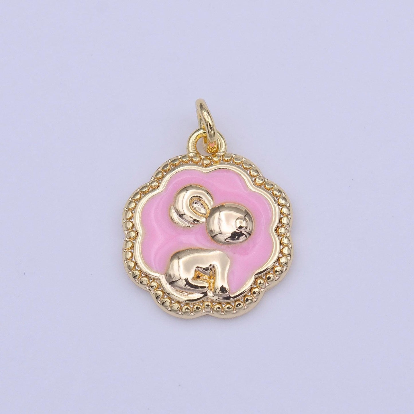 Gold bunny charm pink little rabbit pendant, 16k gold filled decorative edge cute bunny cloud bubble charm | c-595