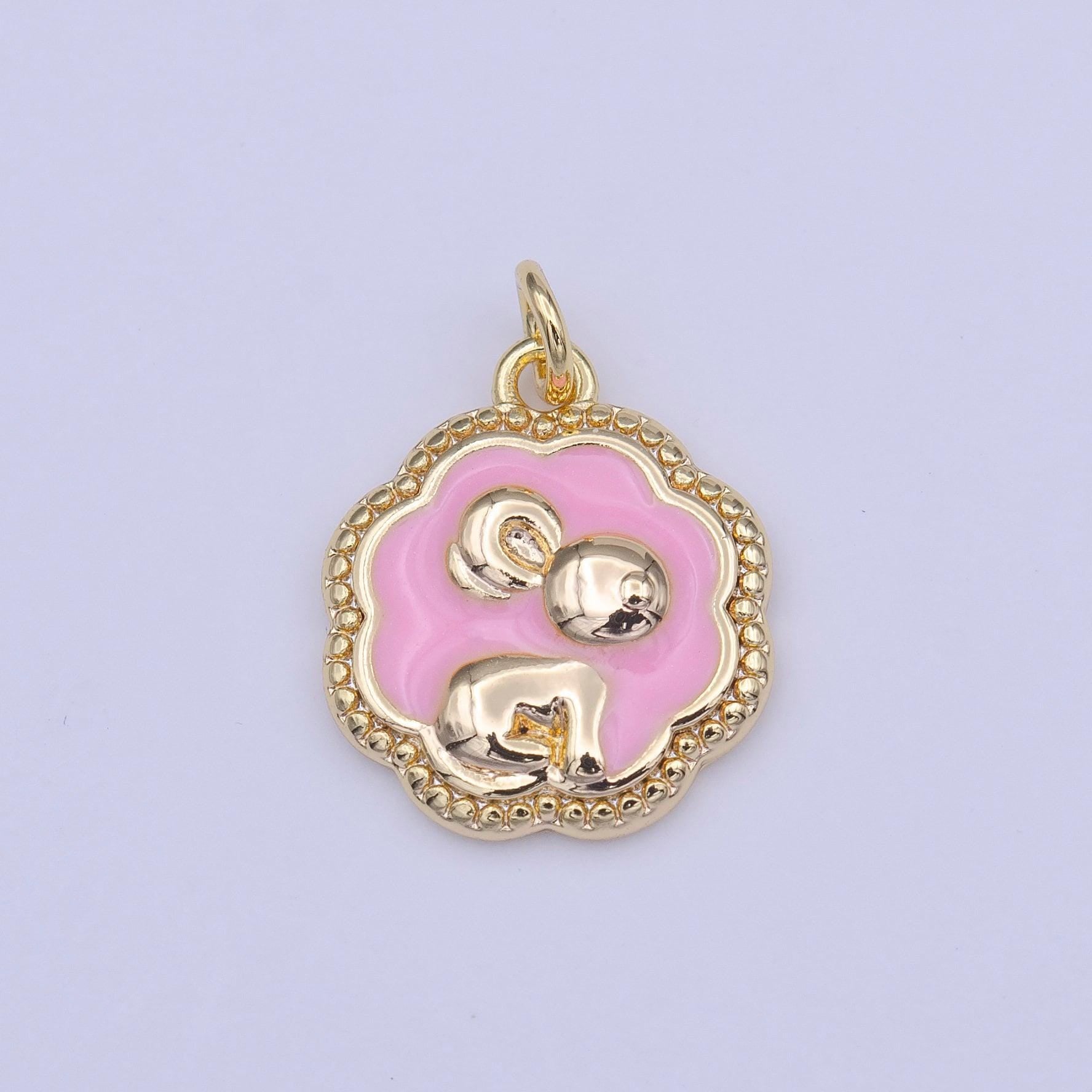 Gold bunny charm pink little rabbit pendant, 16k gold filled decorative edge cute bunny cloud bubble charm | c-595