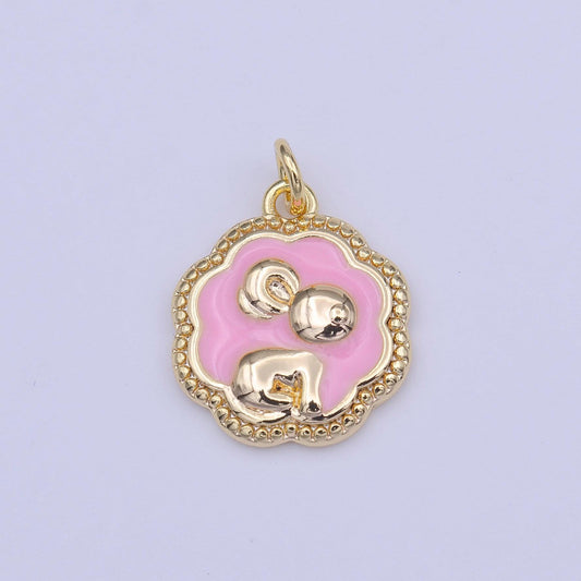 Gold bunny charm pink little rabbit pendant, 16k gold filled decorative edge cute bunny cloud bubble charm | c-595